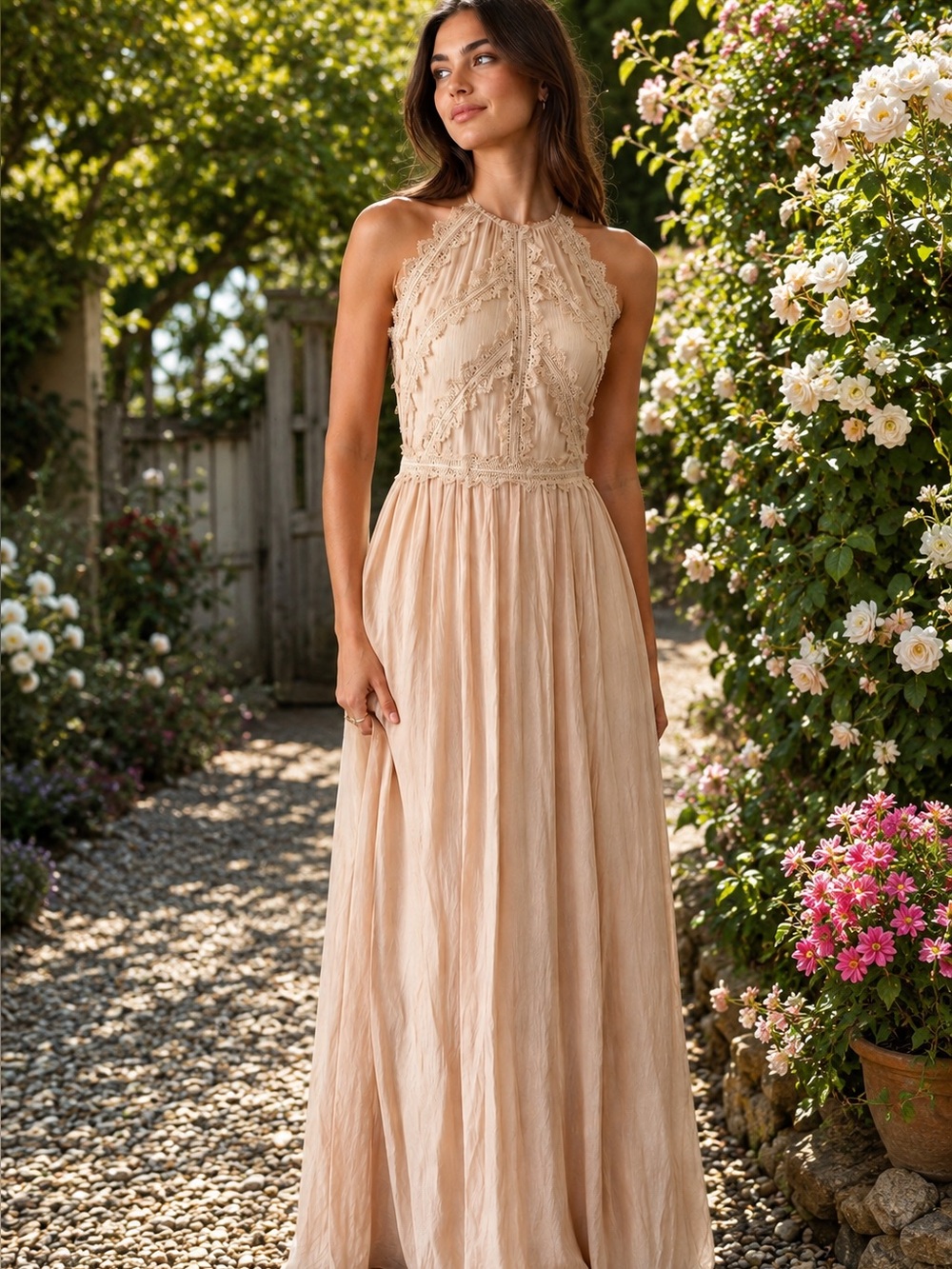Flying Tomato Boho Lace Halter Maxi Dress Size M